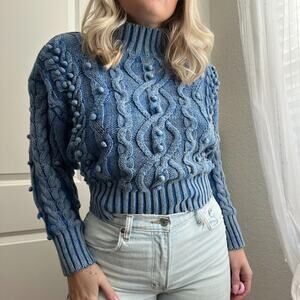 Vintage Rebecca Stone Acid Wash Blue Cable Knit Sweater Sz L ( fits like s/m)